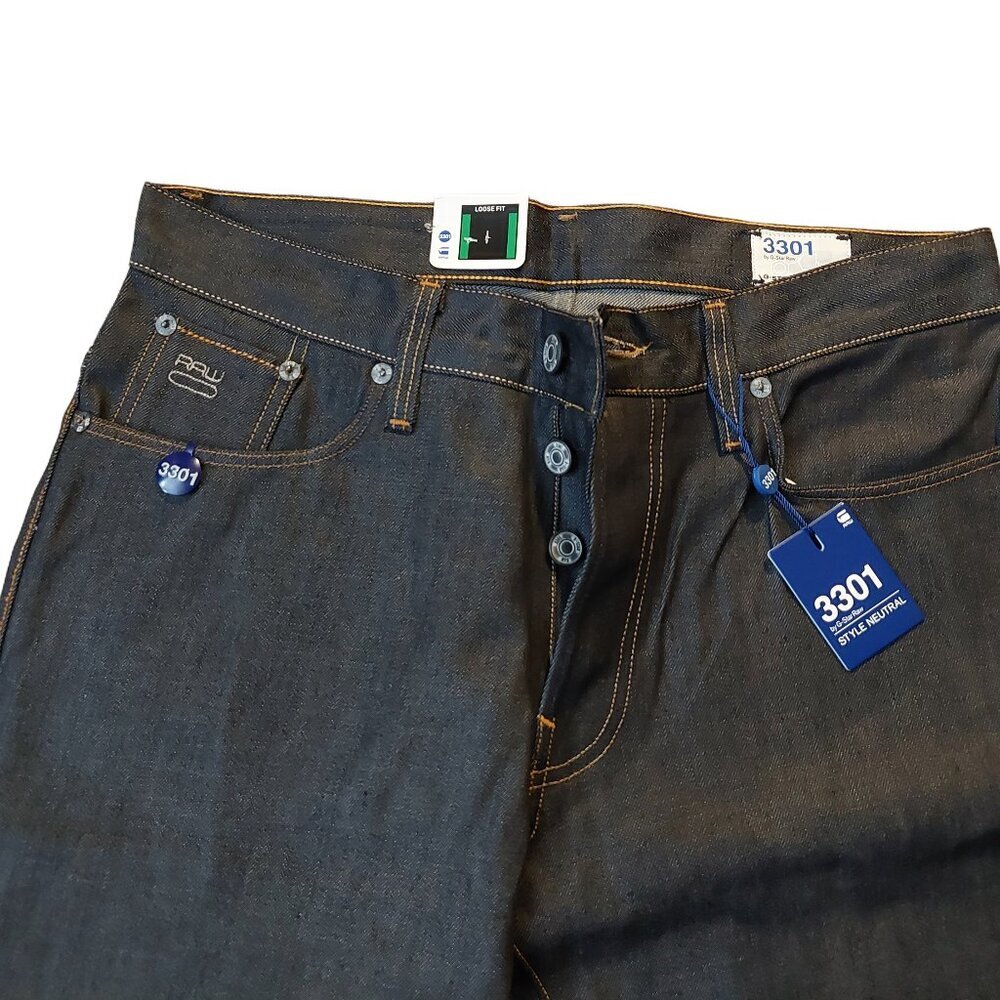 G-Star Raw 3301 Loose Brooklyn Denim Button Fly Dark Blue Denim Jeans Sz 30 NWT - Picture 7 of 15